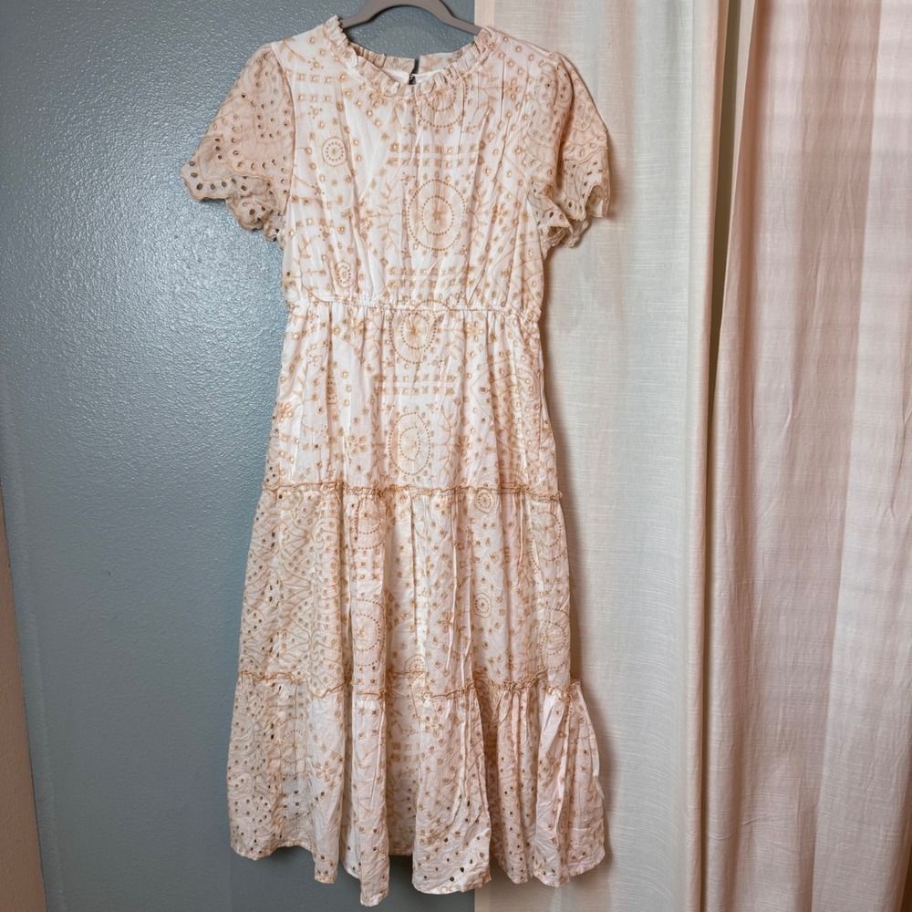 Baltic Born Dress Womens S White Natural Mirabel Eyelet Midi Tiered Boho Cotton